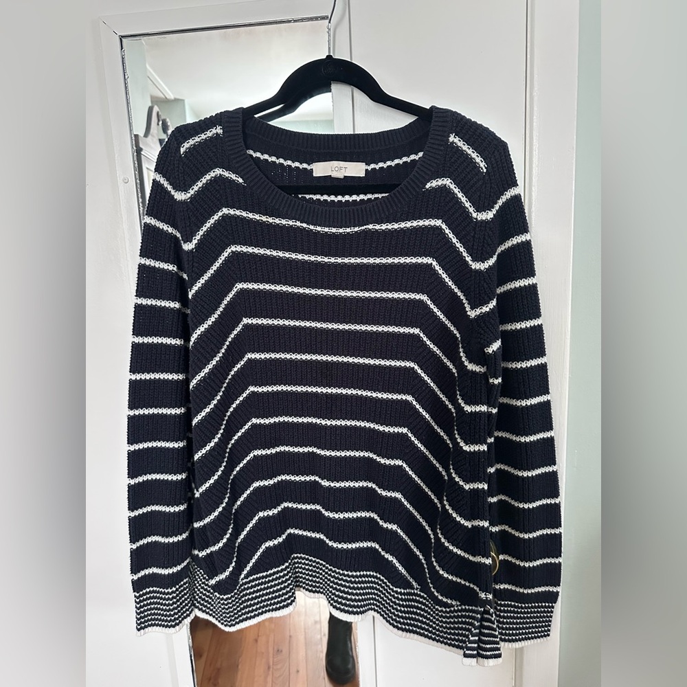 LOFT Navy and White Striped Crew Neck Sweater